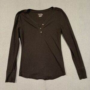 90s Y2K Women's Black Thermal Henley Long Sleeve Shirt Bella‎ Swan Size Small